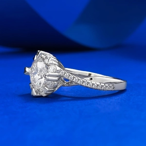 Classic 925 sterling silver moissanite ring with a halo setting and twisted pave band