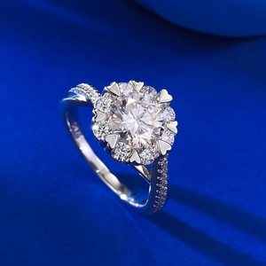 Detailed macro view of heart-shaped eight-prong setting on a round moissanite ring