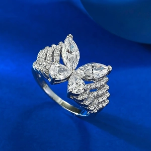 S925 sterling silver multi-layered butterfly ring with marquise cut sparkling zircons