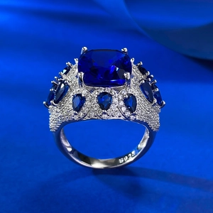 Luxurious S925 silver ring featuring a large square blue corundum and white diamonds