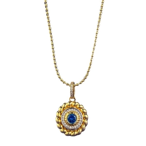 Bohemian S925 silver necklace with blue round pendant and gold bead chain on white background