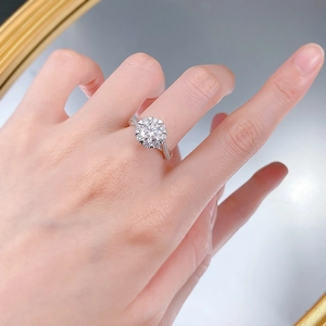 Classic S925 sterling silver moissanite ring with halo setting on a model hand