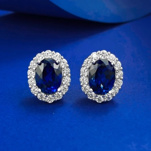 925 Sterling Silver Oval Blue Synthetic Corundum Halo Stud Earrings Elegant Rhinestone Inlaid Jewelry For Women Party Daily