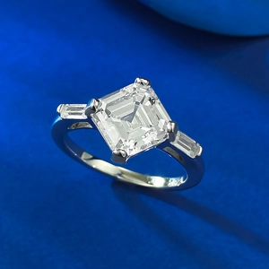 Sparkling S925 silver ring with Asscher cut center stone and baguette side diamonds