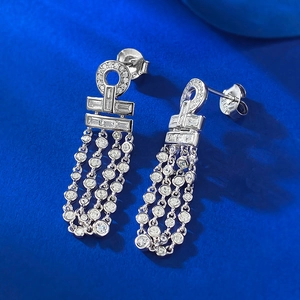 Luxurious S925 sterling silver tassel earrings with sparkling white cubic zirconia stones