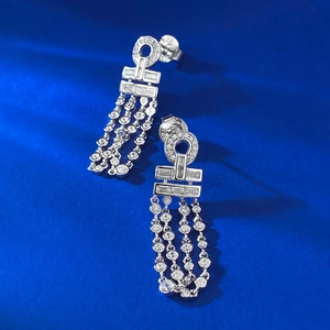 Elegant S925 sterling silver tassel drop earrings with sparkling cubic zirconia stones