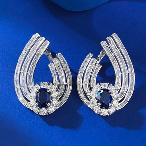 Luxury S925 Sterling Silver U-Shaped Hoop Earrings For Women Elegant Blue Rhinestone Inlaid Vintage Dinner Party Jewelry
