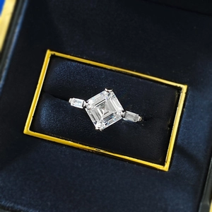 Sparkling S925 silver ring with 8mm Asscher cut central diamond in luxury blue velvet box