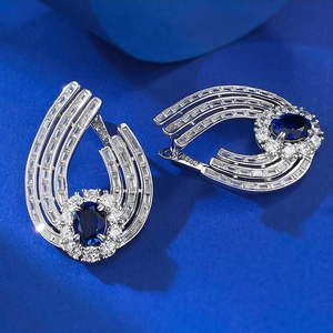 S925 silver earrings with 6x8mm blue corundum and sparkling zircon halo design