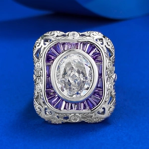 Vintage 925 Sterling Silver Oval Cut Rhinestone Cocktail Ring For Women Luxurious Palace Style Hollow Flower Finger Ring