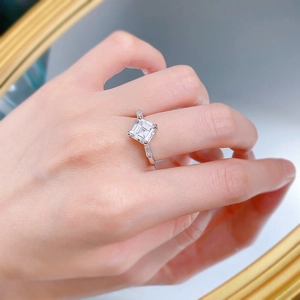 Macro shot of S925 silver ring featuring 8x8mm Asscher cut white synthetic diamond