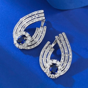Luxury S925 silver earrings with 6x8mm blue corundum and white zircon accents