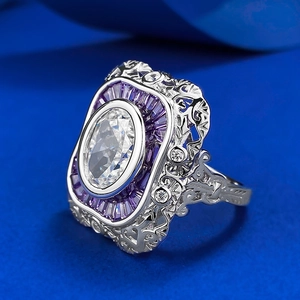 Art Deco S925 silver ring with oval white stone and purple halo in retro style