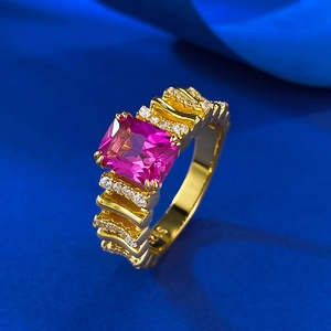 Elegant S925 gilded silver ring with rectangular red tourmaline and zircon accents