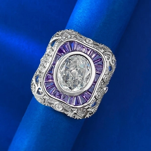 Retro S925 silver oval faux diamond ring with purple gemstone halo and filigree