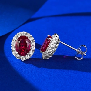 Elegant S925 silver halo stud earrings with oval pigeon blood red ruby and zircon
