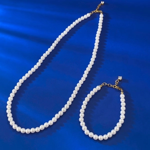Parure collier et bracelet en perles blanches 5,0mm argent S925 avec fermoir doré chic