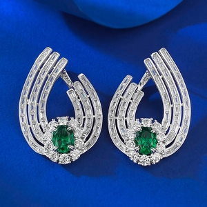Boucles d'Oreilles Créoles de Luxe en Argent Sterling S925 avec Strass Verts pour Femmes Élégant Dîner Forme de U Bijoux Incrustés