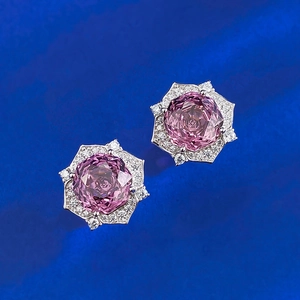 Luxurious S925 silver stud earrings with 8mm rose purple millennium cut crystals