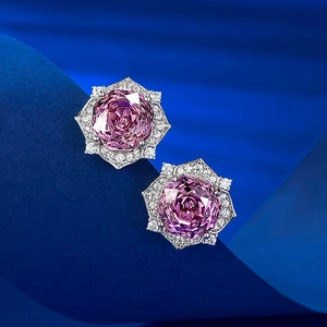 Luxurious S925 silver stud earrings with 8mm rose purple millennium cut stone and zircon halo