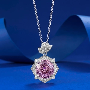 Collier Pendentif Pétale de Rose en Argent Sterling S925 pour Femme Violet Rose avec Strass Incrustés Bijoux Mode
