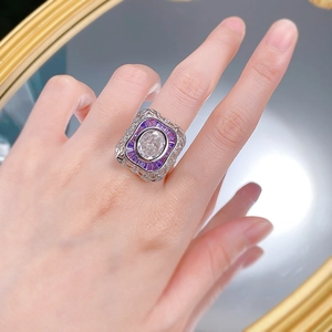 Luxurious S925 silver oval white carbon diamond ring with purple stones and carved band