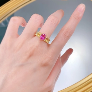 Elegant gold plated S925 silver ring with pink rectangular tourmaline gemstone on model hand