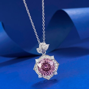 Exquis collier en argent S925 avec pendentif cristal pétale de rose rose de 10mm