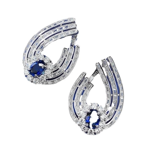 Elegant S925 sterling silver earrings with oval blue corundum and sparkling pavé setting