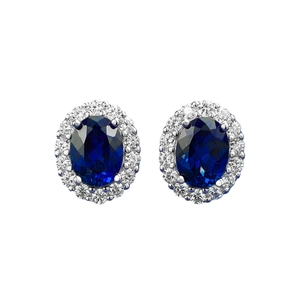 Classic S925 silver halo stud earrings featuring oval blue sapphire and CZ accents