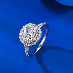 Luxurious S925 sterling silver cushion cut double halo moissanite engagement ring