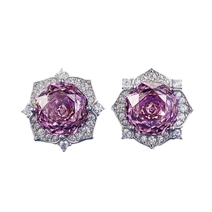 Elegant S925 silver flower stud earrings with 8mm rose-purple millennium cut gemstones