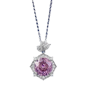 Collier élégant en argent S925 avec pierre pétale rose violette 10mm et cristaux pavés