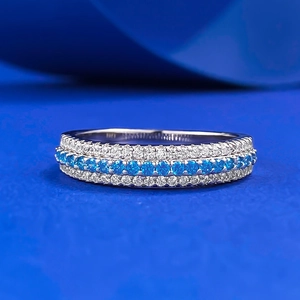 925 Sterling Silver Triple Row Rhinestone Ring Paraiba Blue Eternity Band Women Fashion Jewelry Wedding Finger Ring Gift