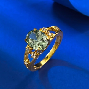 S925 silver gold-plated ring with large oval mint green tourmaline and side diamonds