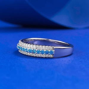 Luxurious S925 silver ring featuring triple row Paraiba blue and white zirconia stones