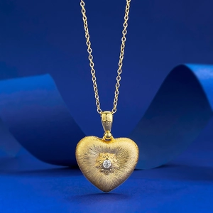 925 Sterling Silver Brushed Heart Pendant Necklace For Women Gold Plated Double Sided Rhinestone Fashion Jewelry Gift