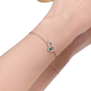 Exquisite S925 silver gourd bracelet with green gemstone and pavé zircon accents