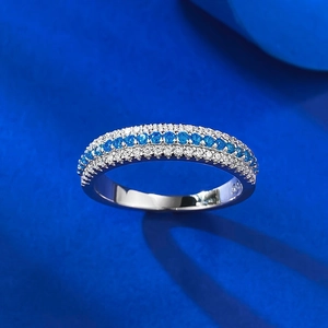 Elegant S925 silver ring with triple row blue and white pavé cubic zirconia diamonds