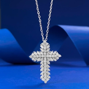 925 Sterling Silver Sparkling Cross Pendant Necklace Women Elegant Baguette Round Rhinestone Inlaid Religious Fashion Jewelry