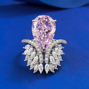 Luxury 925 Sterling Silver Pink Rhinestone Ring For Women Pear Shape Water Drop Cluster Inlaid Statement Wedding Jewelry