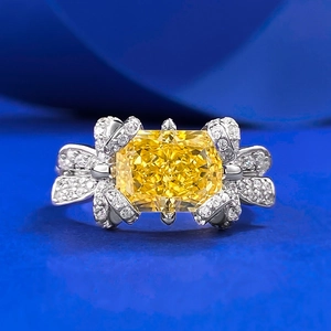 Bague de Luxe en Argent Sterling 925 Strass Jaune Nœud Taille Radiant Grande Pierre Précieuse Bague Nœud pour Femme Bijoux de Mariage Cadeau