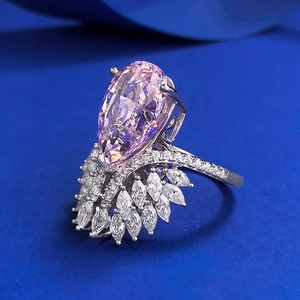 Luxurious S925 silver pear-shaped pink diamond ring with sparkling wing accents