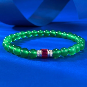 925 Sterling Silver Green Chalcedony Beaded Bracelet Red Gemstone Inlaid Chinese Style Elegant Jewelry For Women Daily Gift