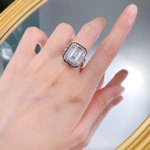 S925 silver ring featuring a large emerald cut gemstone with baguette side diamonds