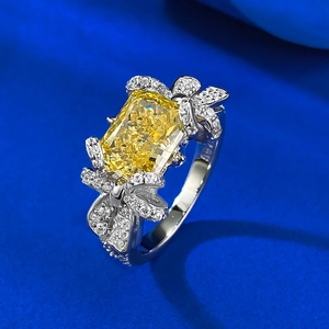 Bague de luxe en argent S925 avec pierre jaune 7x9mm et design élégant de nœud papillon