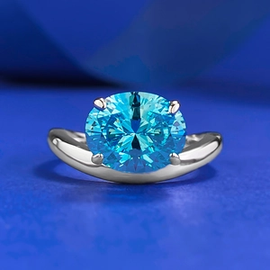 925 Sterling Silver Oval Sea Blue Rhinestone Ring For Women Minimalist Geometric Inlaid High Carbon Stone Finger Jewelry