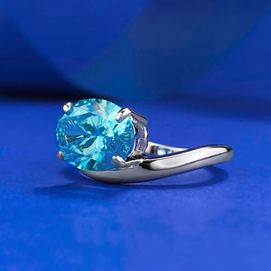 Macro shot of an oval-cut light blue stone set in a polished silver ring band