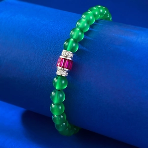 Elegant green chalcedony beaded bracelet with pink gemstone metal centerpiece