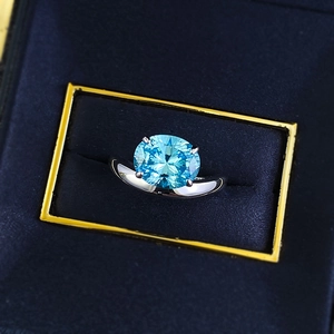 S925 silver ring with 8x10mm oval blue carbon diamond in a four-prong setting